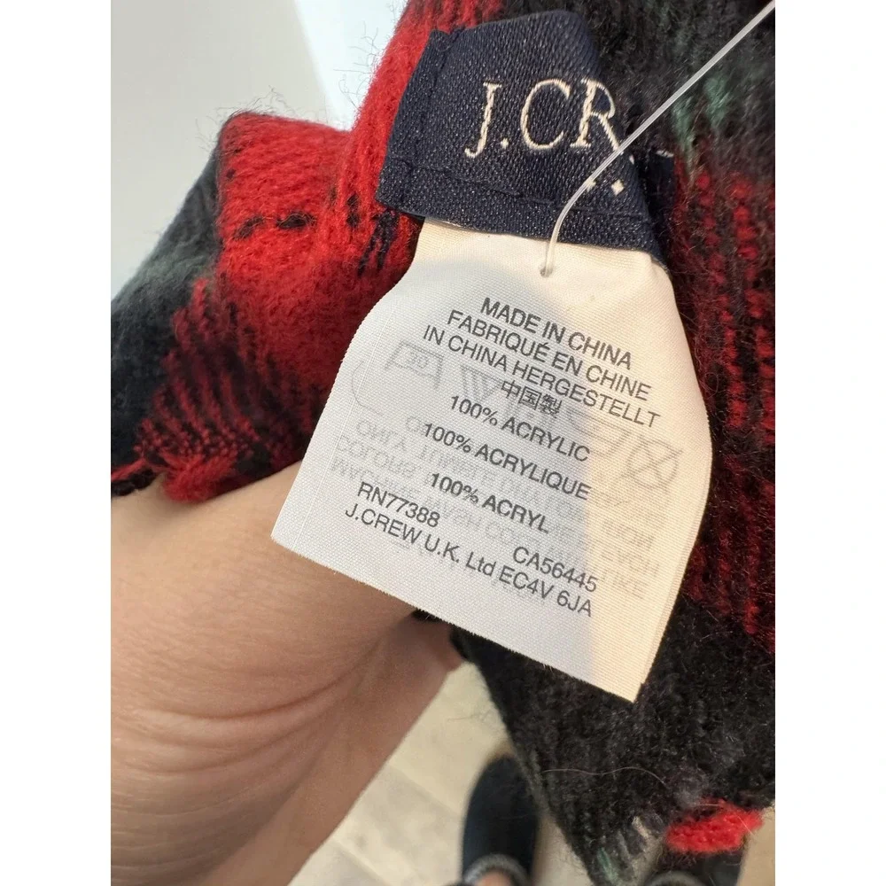 J Crew Scarf Womens One Size Red‎ Black Plaid Fringe Acrylic Winter Cozy